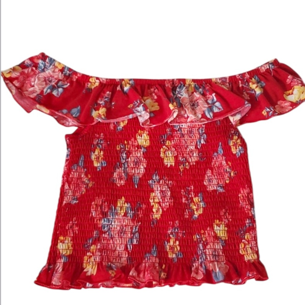 Arizona Jean Company Red Floral Off-Shoulder Blouse